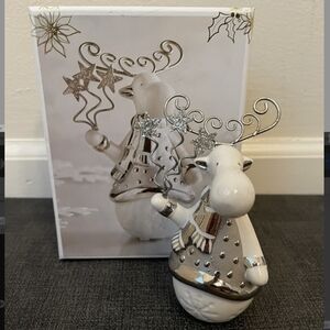 Pier1 Porcelain Moose Collectible Figurine Winter Christmas Silver White